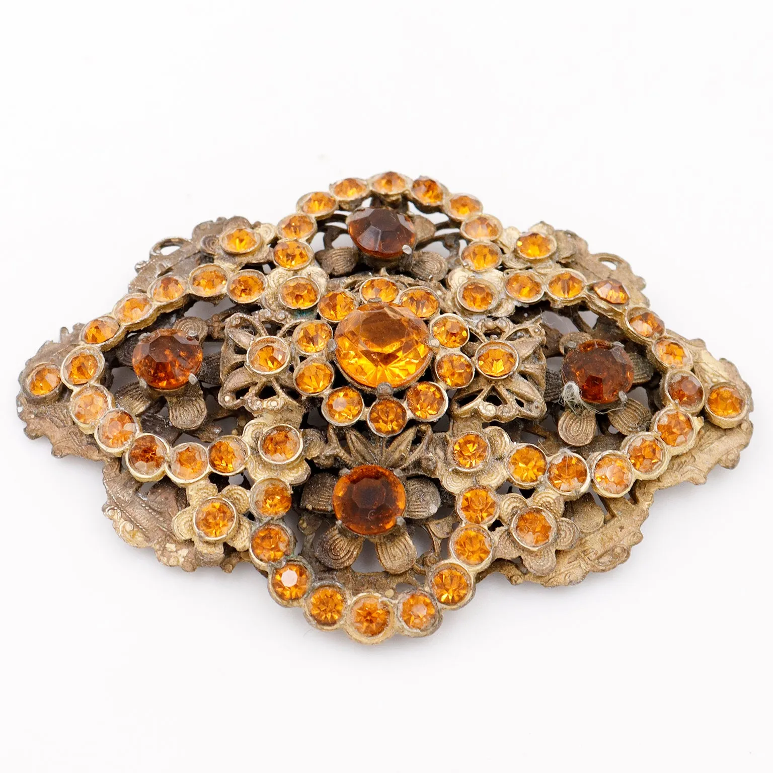1930s Czech Oversized Vintage Brooch W Faceted Amber Orange Crystals