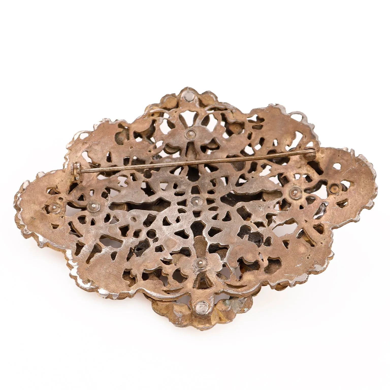 1930s Czech Oversized Vintage Brooch W Faceted Amber Orange Crystals