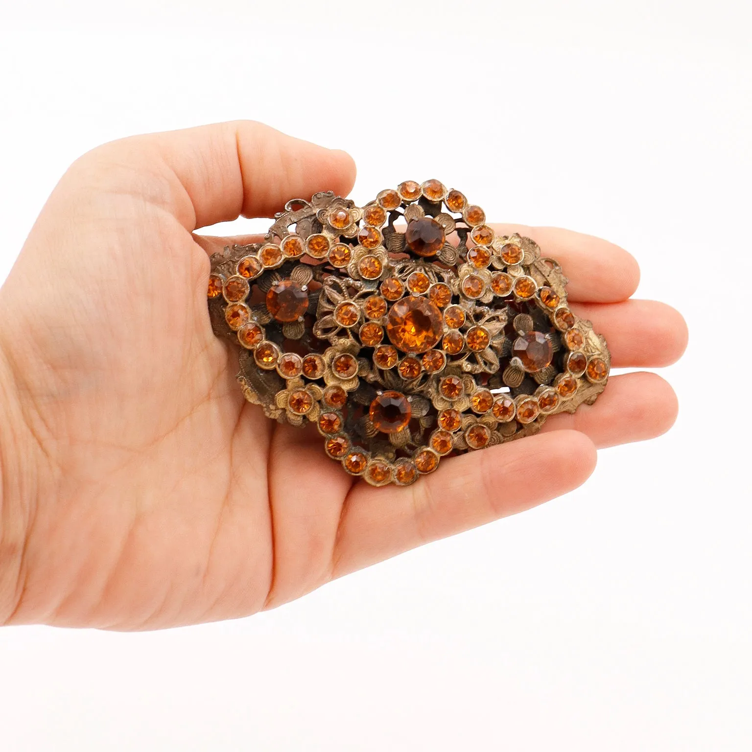 1930s Czech Oversized Vintage Brooch W Faceted Amber Orange Crystals