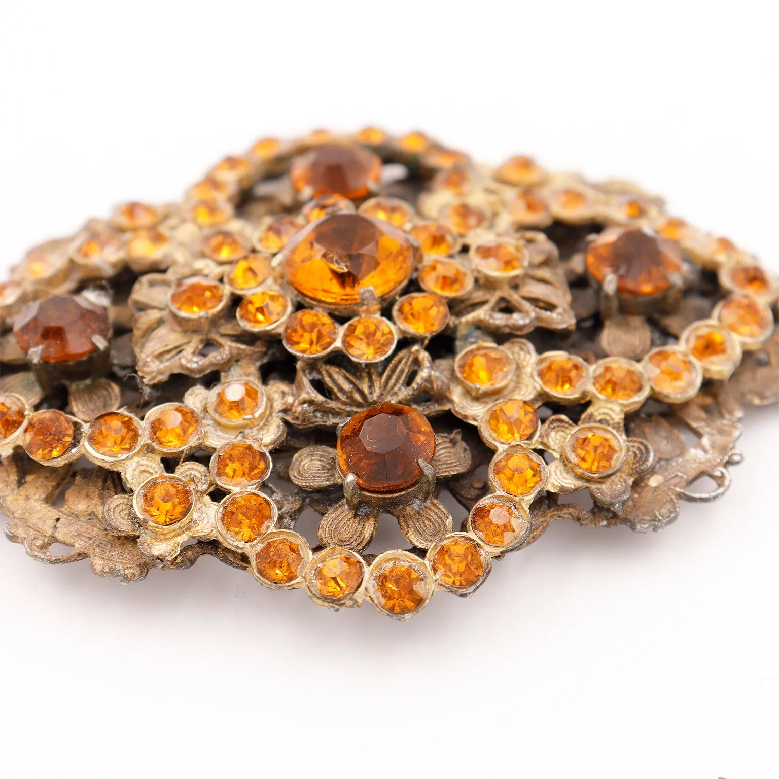 1930s Czech Oversized Vintage Brooch W Faceted Amber Orange Crystals