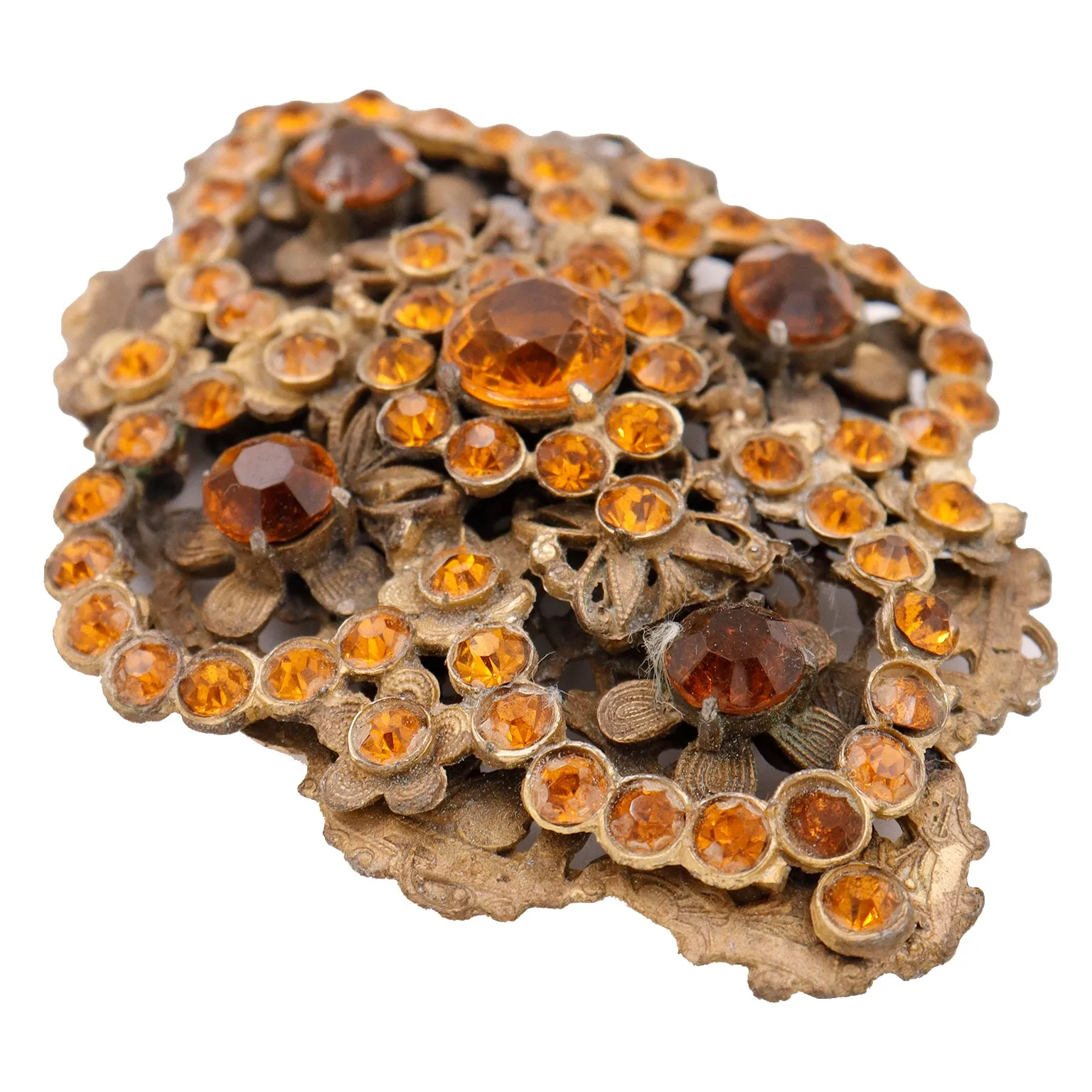 1930s Czech Oversized Vintage Brooch W Faceted Amber Orange Crystals