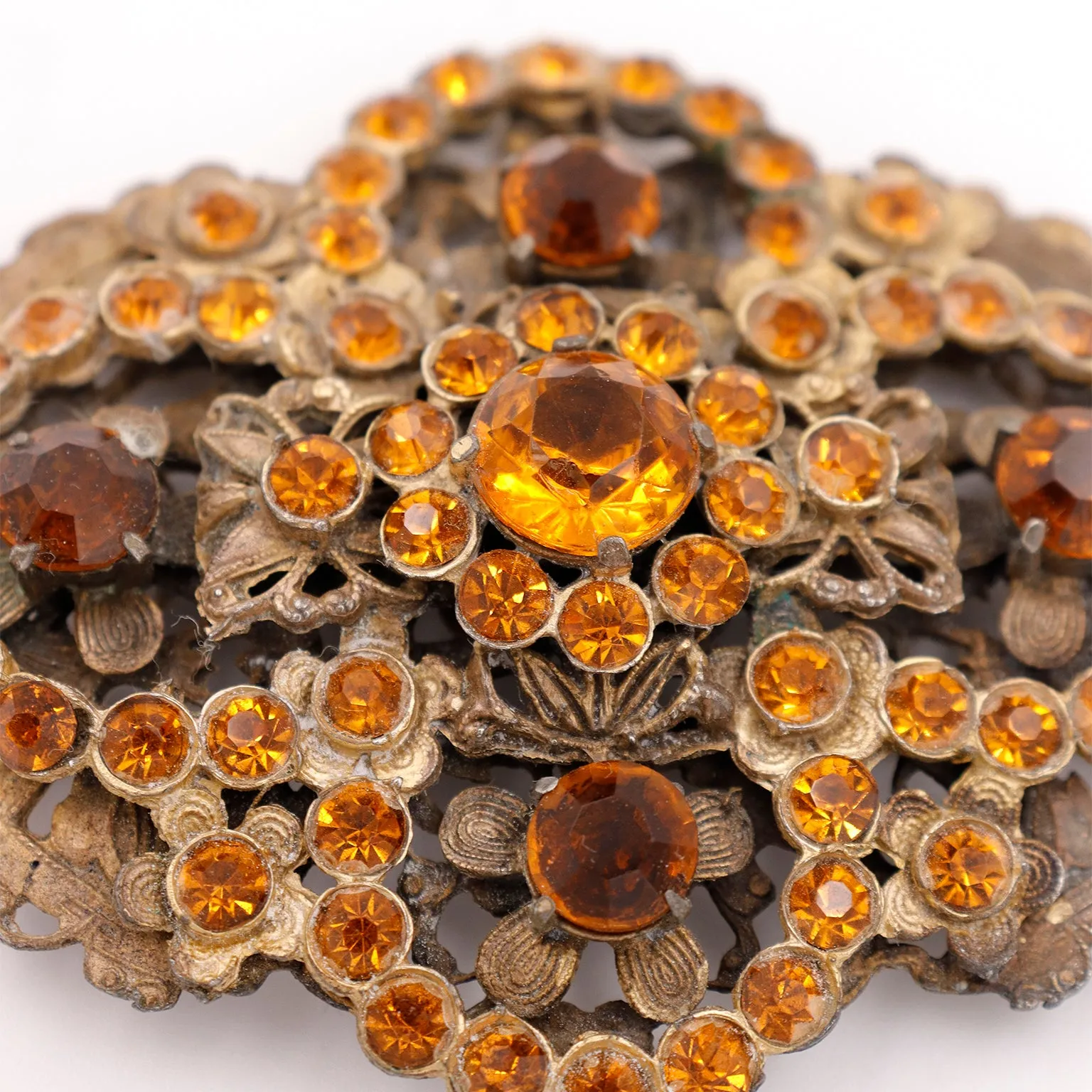 1930s Czech Oversized Vintage Brooch W Faceted Amber Orange Crystals