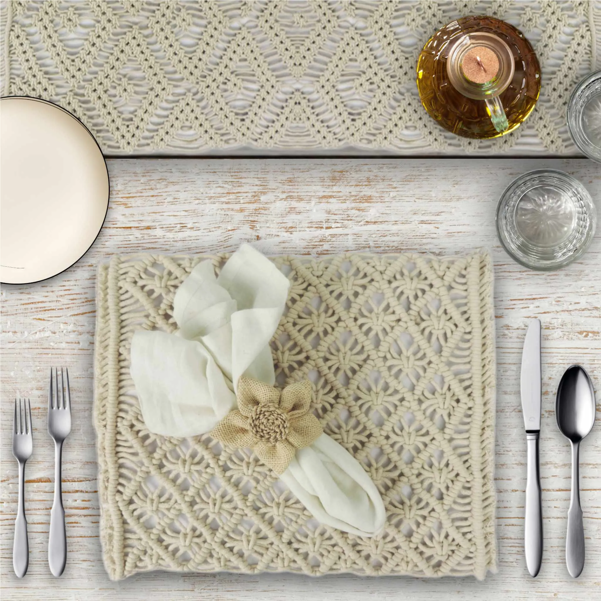 Handmade Cotton Woven Macrame Table Runner in White
