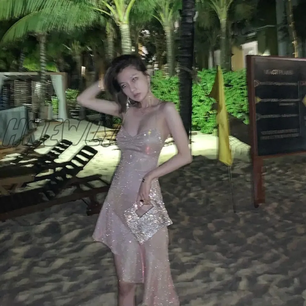 Hnewly Fashion Sequin Pink Dress Women Sexy Backless Slim Fit Spaghetti Strap Dresses Elegant Off Shoulder Evening Party Dress