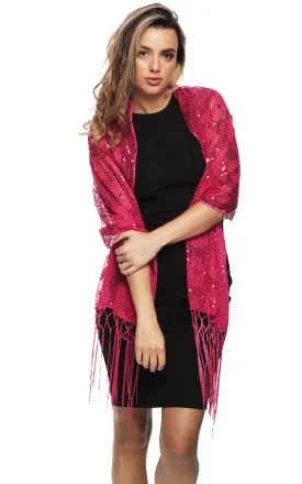 MEST4883 Fuchsia Mesh Sequin Party Shawl with Fringe