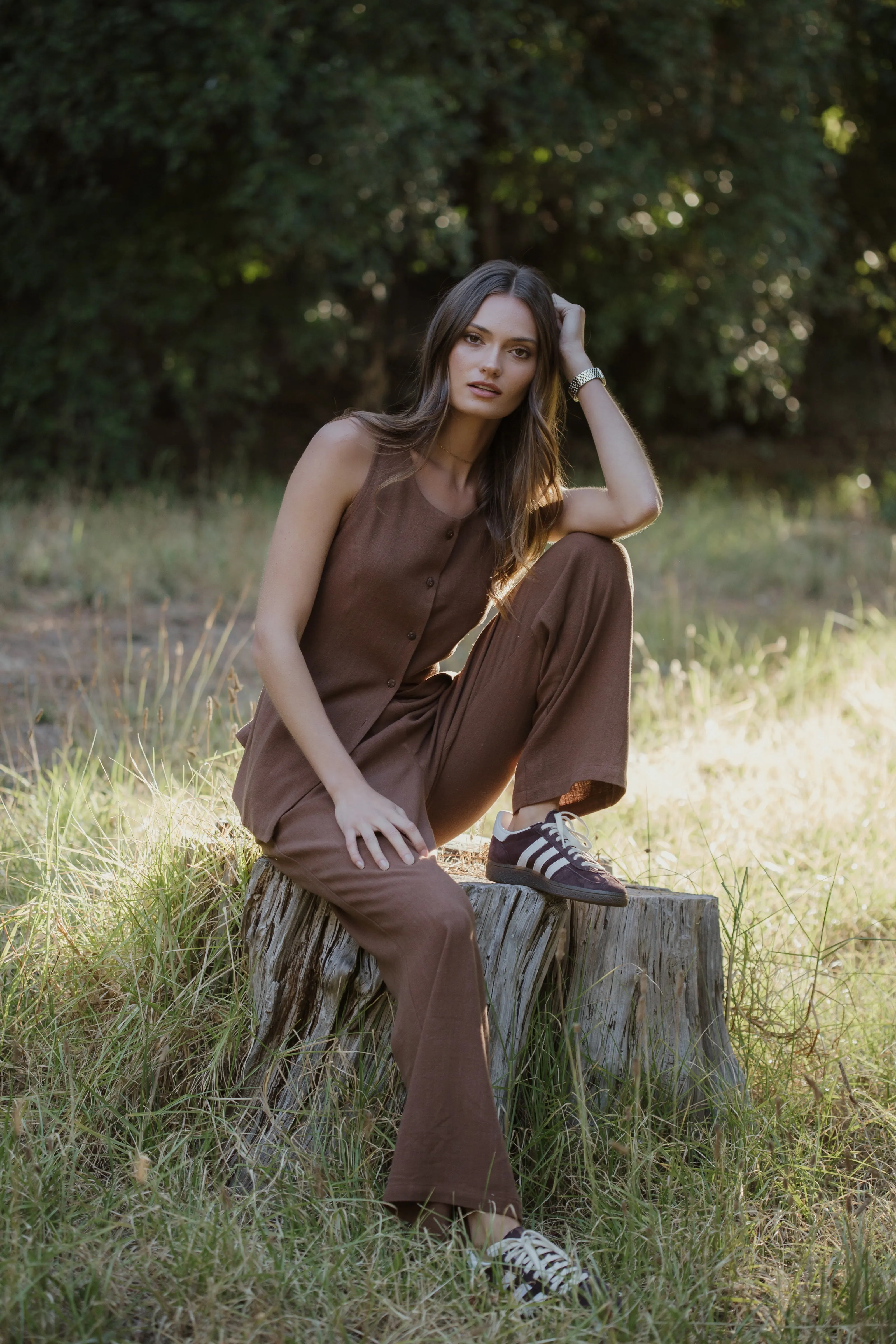 Santorini Long Waistcoat Chocolate Linen