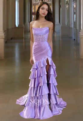 Tube Top Off-Shoulder Sleeveless Tiered Mermaid Prom Dress Beaded Sequined Pleated Party Gowns