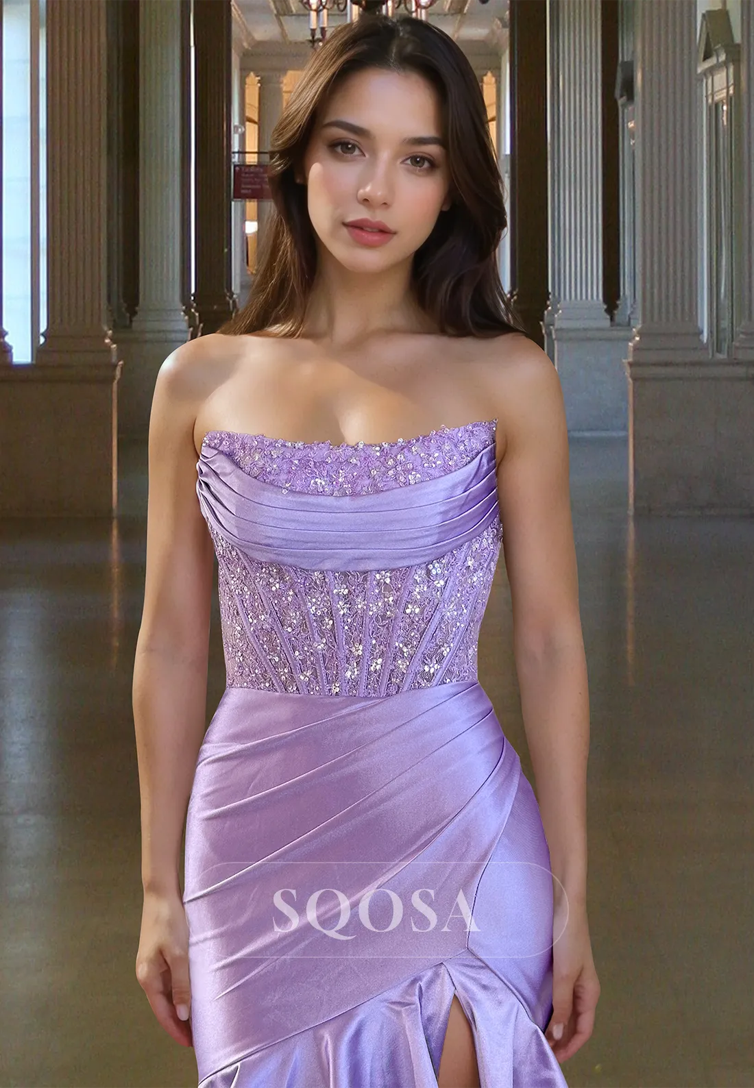 Tube Top Off-Shoulder Sleeveless Tiered Mermaid Prom Dress Beaded Sequined Pleated Party Gowns